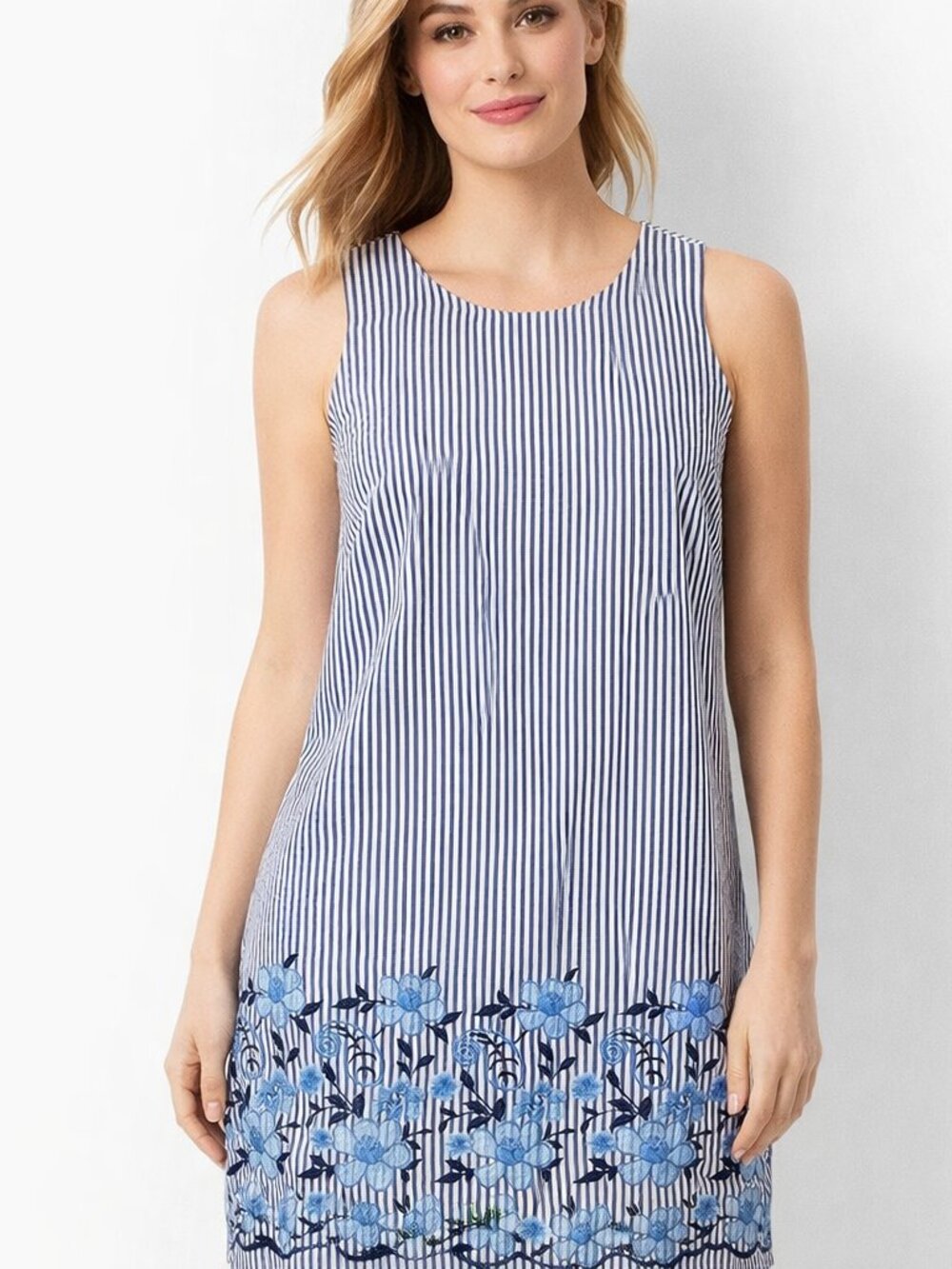 Sleeveless Navy & White Striped Mini Dress with Blue Floral Hem